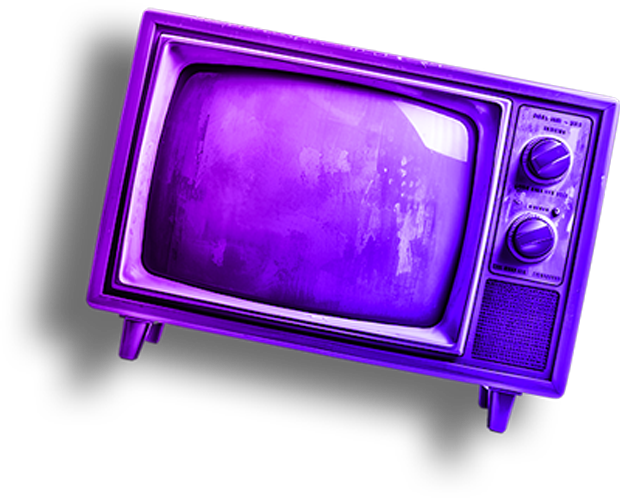 A purple television set against a solid black background, showcasing its vibrant color and sleek design.