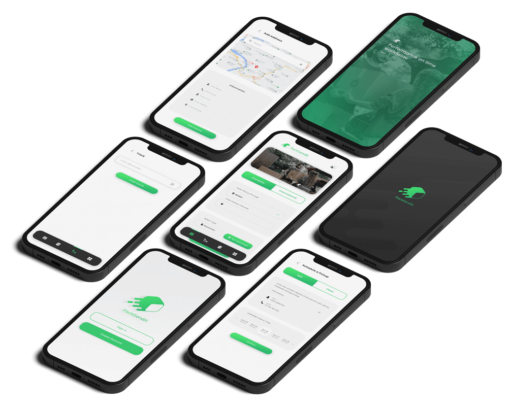 Four smartphones featuring a sleek green and white design, arranged aesthetically on a neutral background.