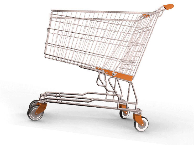 A shopping cart positioned against a sleek black background, emphasizing its design and functionality.