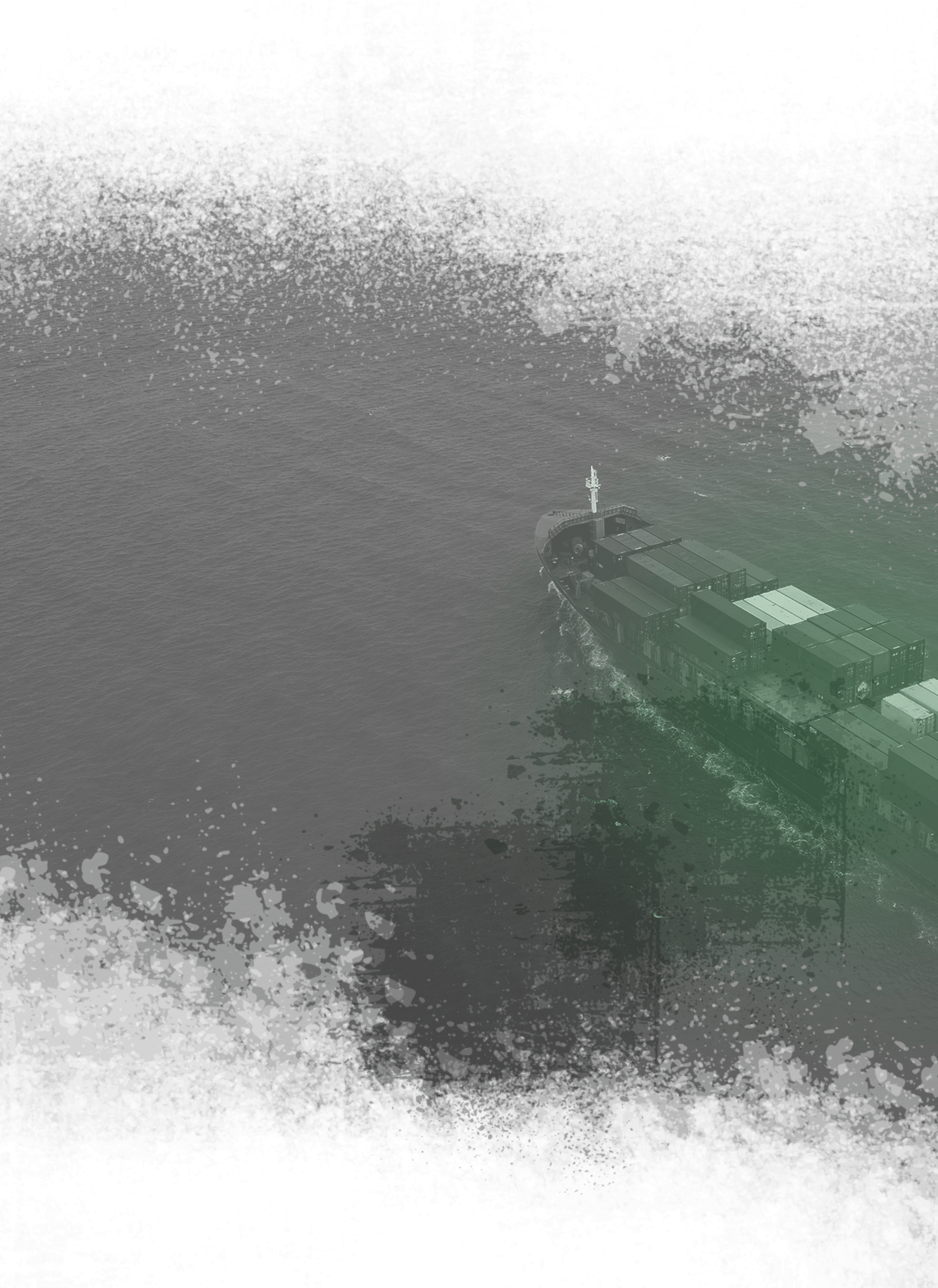 A green light illuminates a ship sailing through the ocean at night, creating a striking contrast against the dark waters.