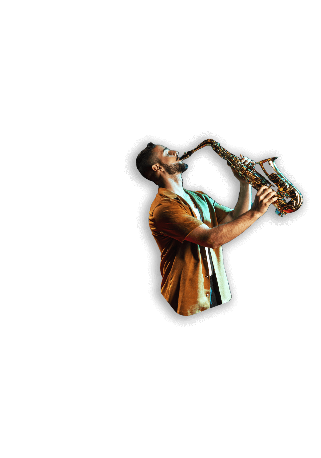 A man passionately playing the saxophone against a stark black background, showcasing his musical talent and artistry.