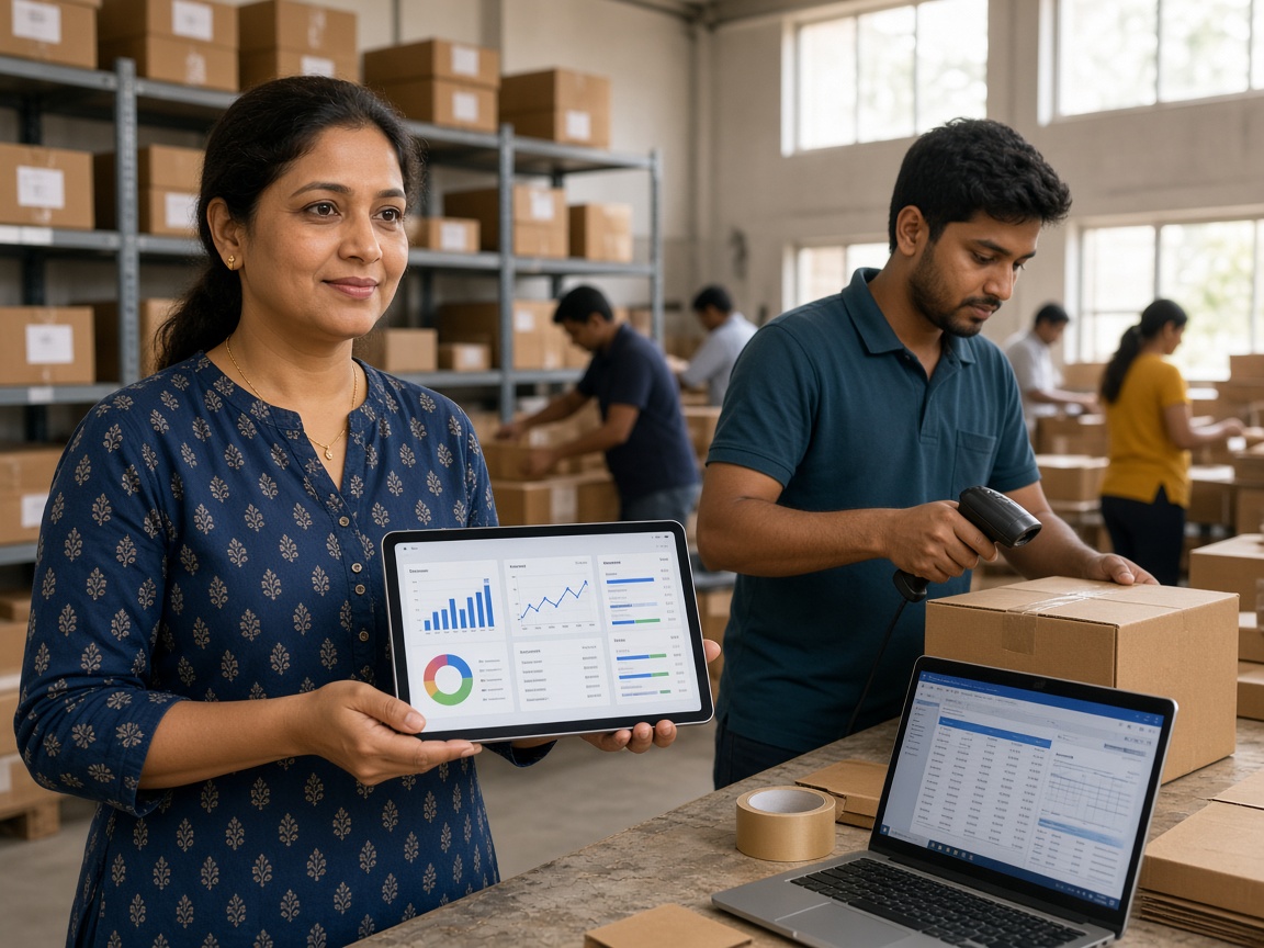 Operations team using ERP dashboards to manage inventory, online orders and invoices