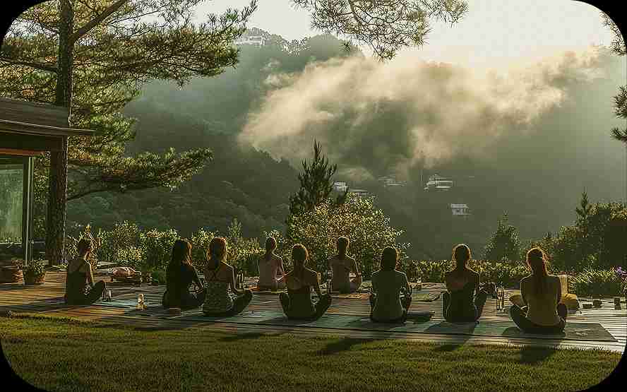 Samedha guests meditating on a wooden deck overlooking misty hills